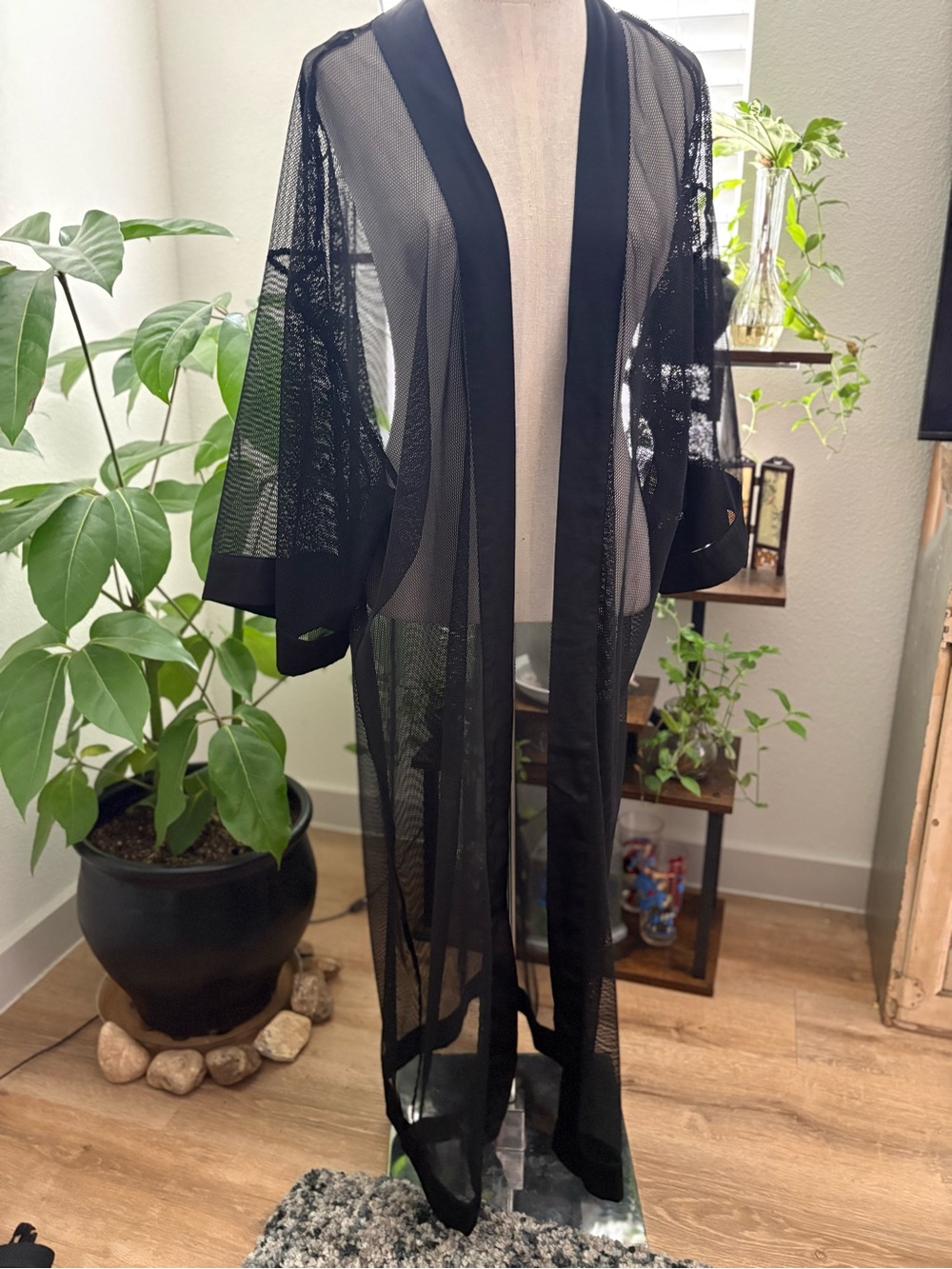 Forever 21 Black Sheer Mesh Duster Swimsuit Robe Cover w/ Satin Trim NWOT SZ-S